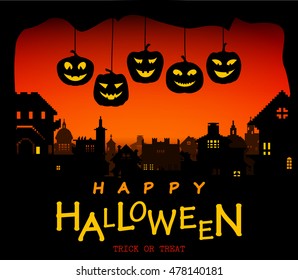 Halloween design pumpkins and houses. Horror background with holiday text. Vector