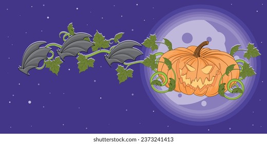 Halloween design. A pumpkin-shaped carriage drawn by bats against the backdrop of the moon. Color illustration.