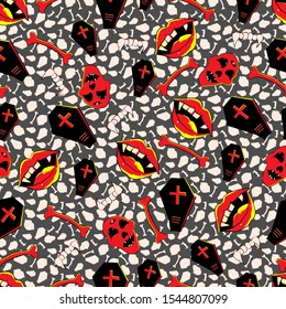 Halloween design Seamless vector Pattern with skull,bone,skeleton,Dracula teeth,grave stone,headstone vector eps