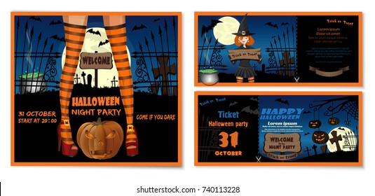 Halloween design set. Collection of Halloween leaflets and invitation cards with a cute girl in a witch costume. Vector illustration