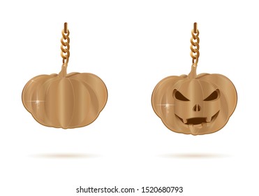 Halloween design set. Golden decoration in the form of Jacks lamp. Golden pumpkin and jack-o-lantern. Vector illustration isolated on white background