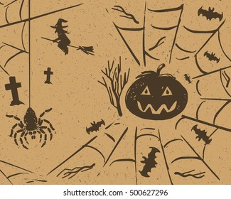 Halloween design set of pumpkin, spider on web, bats and flying witch on grunge retro paper background, vector illustration, EPS10