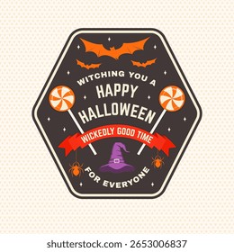 Halloween design, shirt, logo, badge, decorations, cards, banner with werewolf, skull hand hold microphone, wizard hat, spiders, bats and candys silhouette.