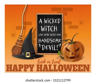 Halloween design. A sign with an inscription near the Halloween house. A wicked witch live here with one handsome devil. Vector illustration