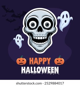 Halloween design with skeleton, ghost and creepy pumpkin on purple background.