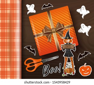 Halloween design. Table with Halloween decorations top view. Vector illustration