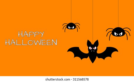 Halloween design template with bat, spiders and place for text. Vector illustration