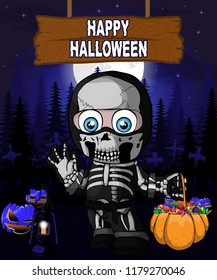 Halloween Design template with boy in a suit skeleton.