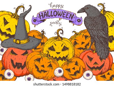 Halloween design template. Hand drawn invitation. Pumpkins and raven. Vector illustration with Halloween  symbols. Autumn holidays.