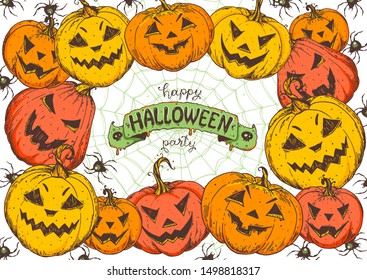 Halloween design template. Hand drawn invitation. Pumpkins, spider and web illustration. Vector illustration with Halloween  symbols. Autumn holidays.