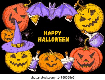 Halloween design template. Hand drawn invitation. Pumpkins, spider and web illustration. Vector illustration with Halloween  symbols. Autumn holidays.