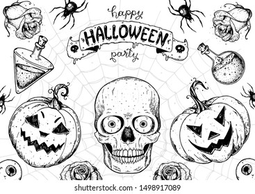 Halloween design template. Hand drawn invitation. Pumpkins and skull sketch illustration. Vector illustration with Halloween symbols. Autumn holidays. 