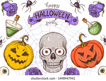 Halloween design template. Hand drawn invitation. Pumpkins and skull. Vector illustration with Halloween symbols. Autumn holidays.