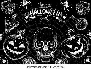 Halloween design template. Hand drawn invitation. Pumpkins and skull sketch illustration. Vector illustration with Halloween symbols. Autumn holidays.