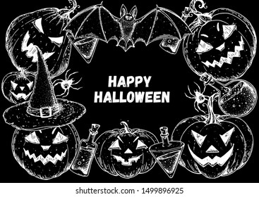 Halloween design template. Hand drawn invitation. Pumpkins, spider and web sketch illustration. Vector illustration with Halloween symbols. Autumn holidays. Engraved style.