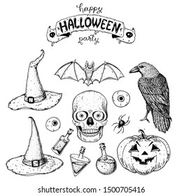 Halloween design template. Hand drawn invitation. Pumpkins, raven, bat, skull sketch illustration. Vector illustration with Halloween symbols. Autumn holidays. 