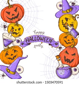 Halloween design template. Hand drawn invitation. Pumpkins, spider and web illustration. Vector illustration with Halloween symbols. Autumn holidays.