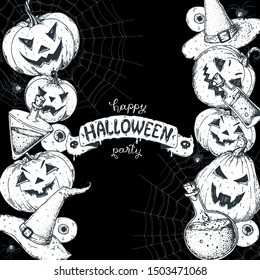 Halloween design template. Hand drawn invitation. Scary pumpkins sketch. Vector illustration with Halloween symbols. Autumn holidays