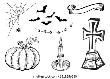 Halloween design template. Hand drawn design element. Vintage black and color vector engraving illustration. Halloween symbols.