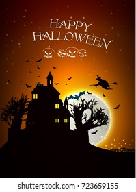 Halloween design template with haunted house trees bats and flying witch silhouettes on orange moon background vector illustration