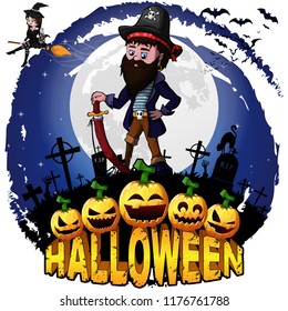 Halloween Design template with Pirate. Vector illustration.