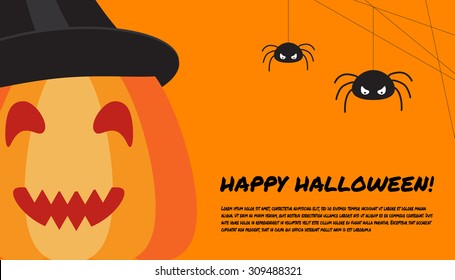 Halloween design template with pumpkin, spiders and place for text. Vector illustration