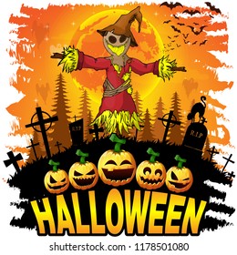 Halloween Design template with scarecrow. Vector illustration.