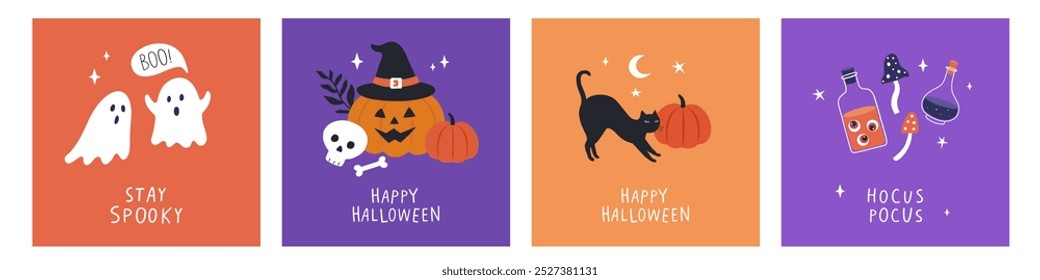 Halloween design template set, pumpkin monster, potion, scull, stars, cat, ghosts. Halloween symbols and handwritten lettering. Perfect for greeting card, poster, party invitation. Vector illustration