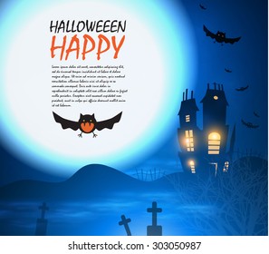 Halloween design template. Spooky landscape with castel, moon & bats. Vector illustration