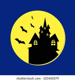 Halloween design template. Spooky landscape with castle over full moon. Vector illustration