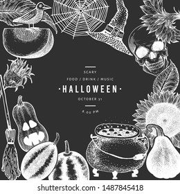 Halloween design template. Vector hand drawn illustrations on chalk board. Banner with pumpkins, scull, cauldron and sunflower vintage style. Autumn background.