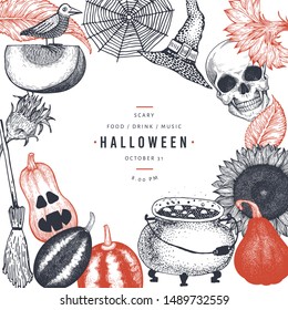 Halloween design template. Vector hand drawn illustrations. Banner with pumpkins, scull, cauldron and sunflower retro style. Autumn background.