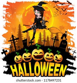 Halloween design template with witch. Vector illustration.