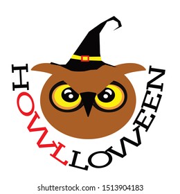 A HALLOWEEN DESIGN FOR TSHIRT OR HOODIES WITH HOWLOWEEN WORD WITH AN OWL WITH YELLOW EYE COLOR WEARING A BLACK WITCH HAT 