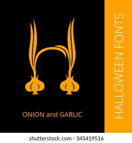 Halloween design vector font letter H consist of onion and garlic. Spooky and Magical Alphabet