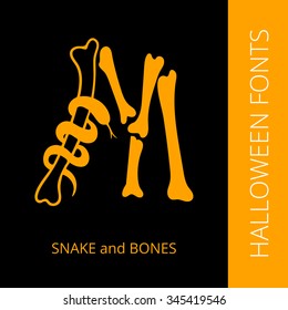 Halloween design vector font letter M consist of snake and bones. Spooky and Magical Alphabet