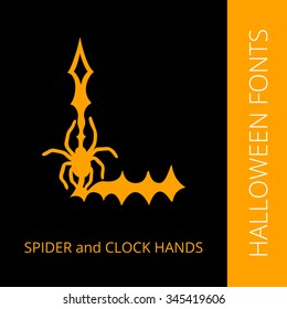 Halloween design vector font letter L consist of spider and clock hands. Spooky and Magical Alphabet