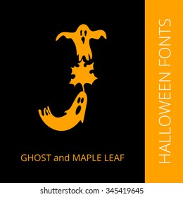 Halloween design vector font letter J consist of ghost and maple leaf. Spooky and Magical Alphabet