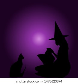 Halloween design, vector illustrated witch and black cat silhouette
