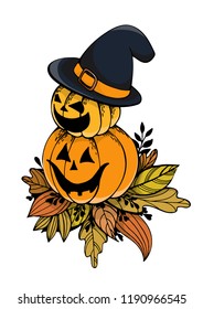 Halloween design. Halloween vector illustration without background. Halloween pumpkins with hat and autumn leave