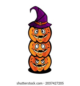 Halloween Design Vector - three halloween cartoon pumpkins wearing witch hats. isolated on a white background design.