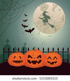 Halloween design with witch over moon and cemetery