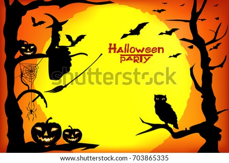 Halloween  design - witch, pumpkins, spider and bats on orange moon background 