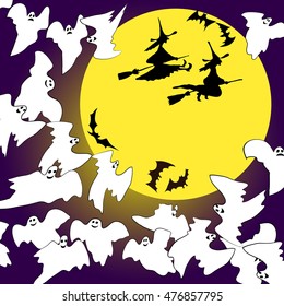 Halloween design, witches and ghosts silhouettes on moon background.