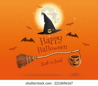 Halloween design. Witch's broom and witches hat on the background of the full moon. Vector illustration
