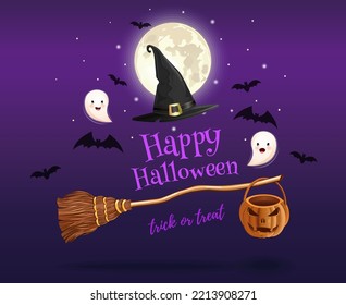 Halloween design. Witch's broom and witches hat on the background of the full moon. Vector illustration