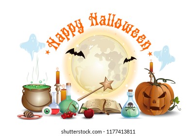 Halloween design with wizard laboratory. Happy Halloween. Vector illustration