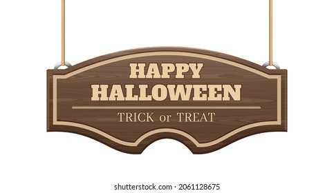 Halloween design. Wooden curly signboard with a congratulatory inscription. Happy Halloween. Decoration for the holiday. Vector illustration