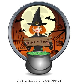 Halloween design. Young witch holding a sign with the inscription - trick or treat. Magic cauldron of green brew. Round sticker. Vector element for design, prints and greeting cards
