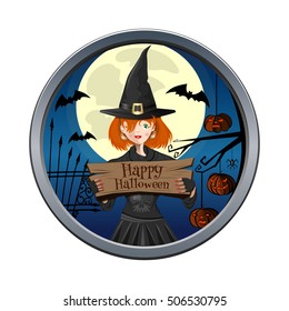 Halloween design. Young witch holding a sign with the inscription - Happy Halloween. Round sticker. Element for your design. Vector illustration